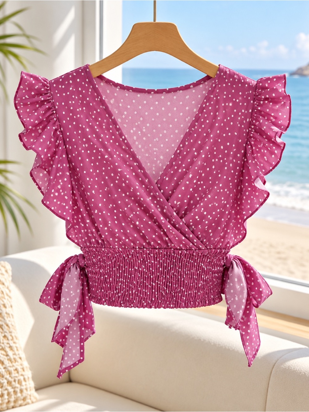 Retro Purple pink polka dot cross ruffle sleeves top pin up 50’s